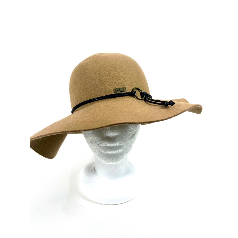 Delux Womens Floppy Wide Brim Hat Camel Tan Wool Felt Boho Fedora Black Cord